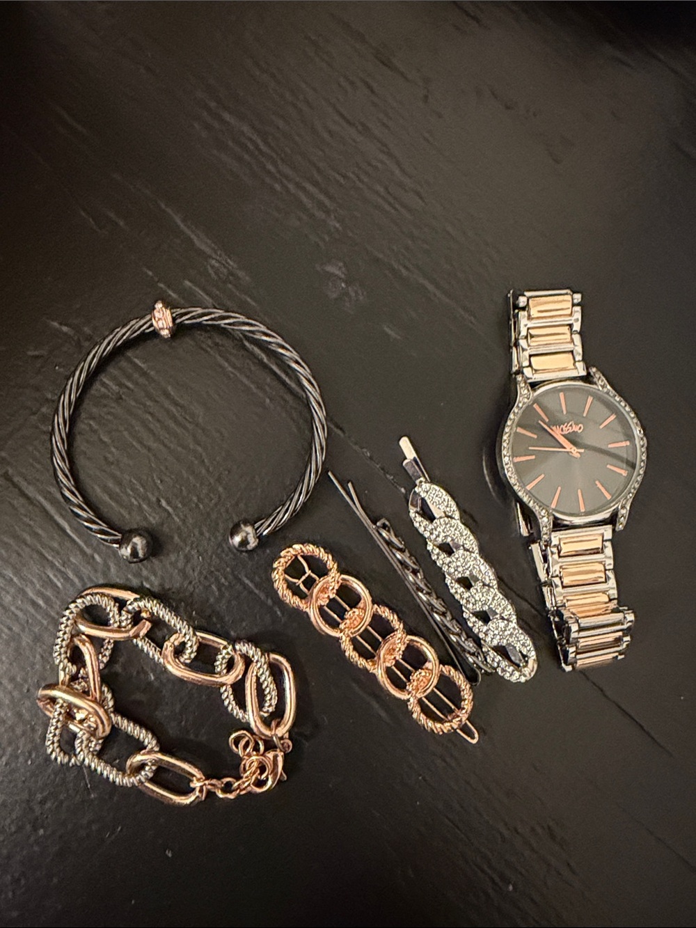 Mossimo Rose Gold & Black Women's Bracelet and Watch Set